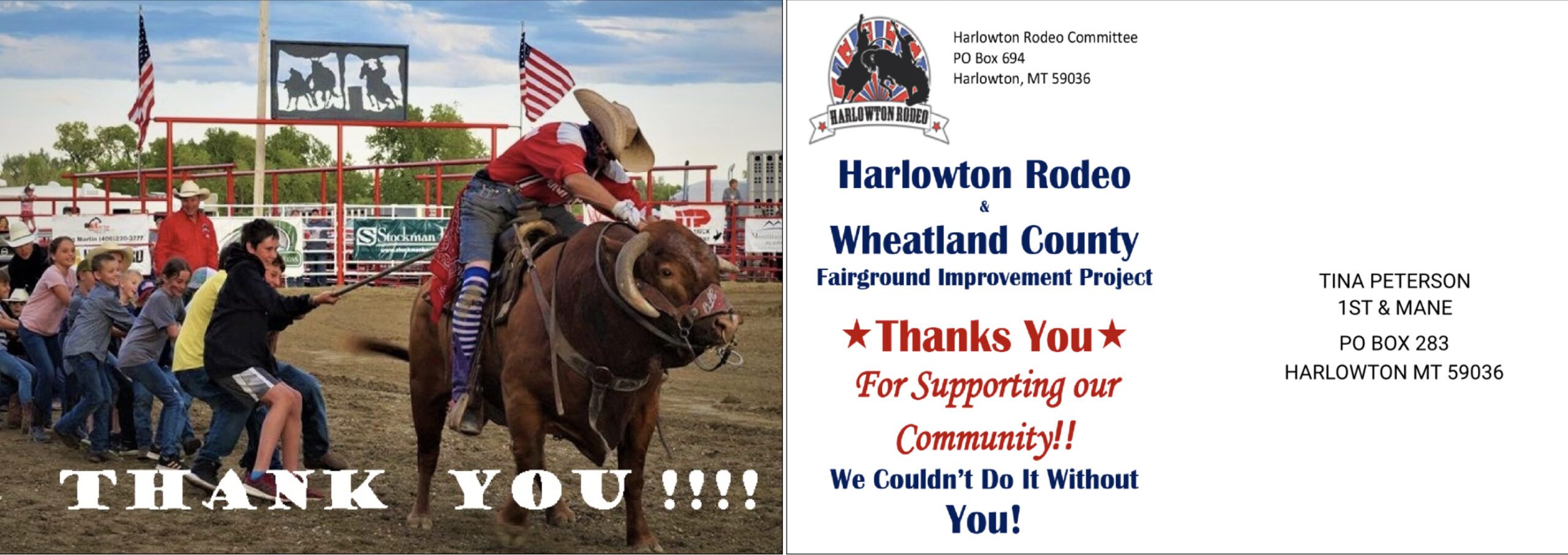 Harlowton Rodeo direct mail postcard thanking fairground project donors, with a rodeo action photo.