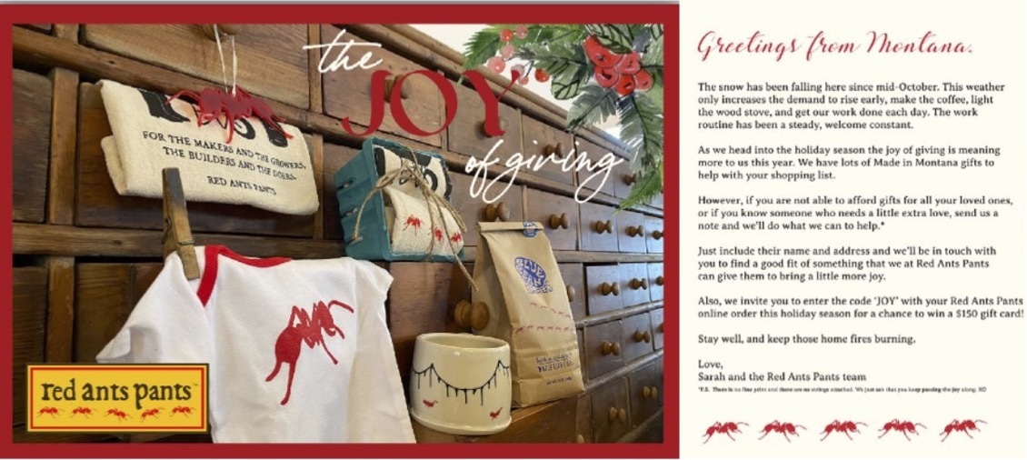 Red Ants Pants holiday direct mail postcard featuring Montana-made gifts and a handwritten holiday letter.