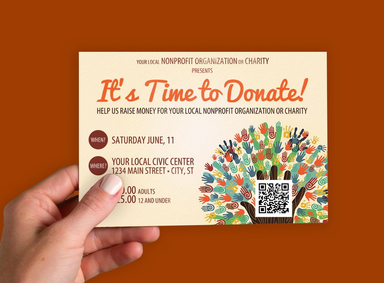 Hand holding nonprofit fundraising postcard with colorful handprint tree design and QR code for donation event
