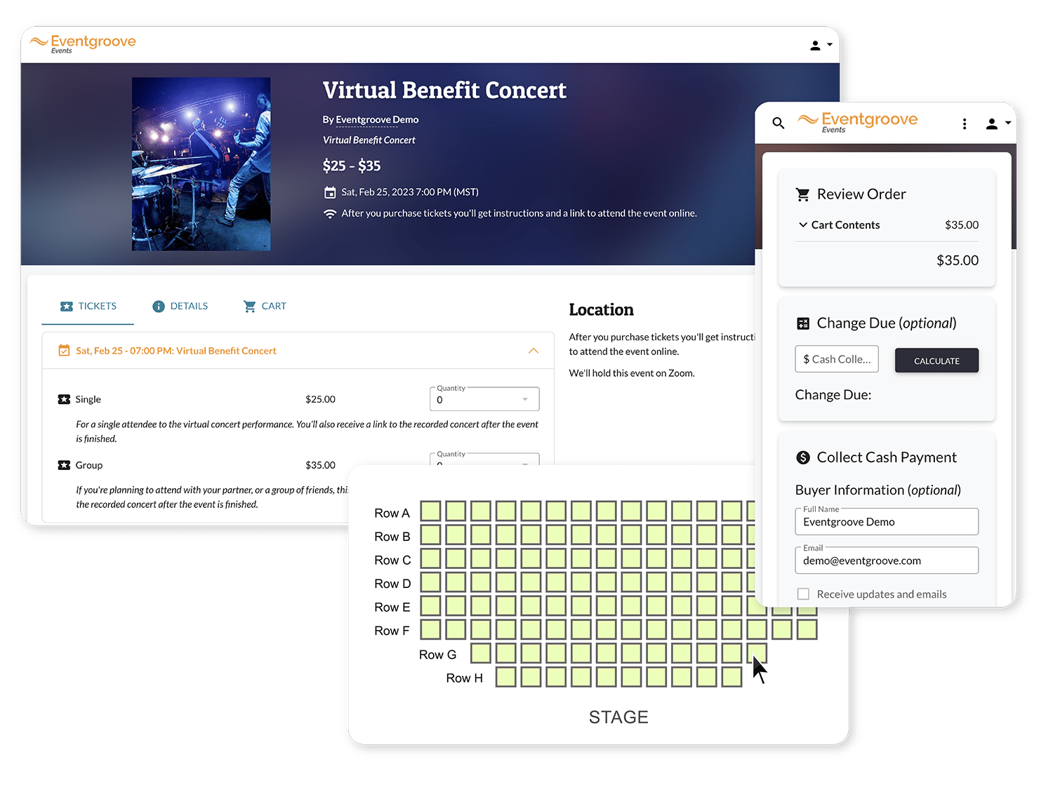 an event site example depicting attendees buying reserved event tickets, 