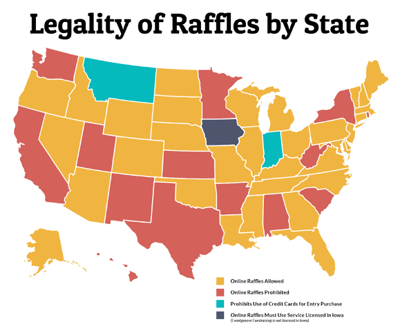 U.S. map showing legality of raffles by state, with states color-coded based on laws and a legend explaining categories.